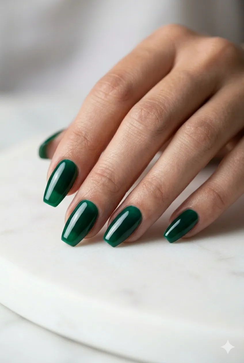 emerald green jewel-tone gel nails deep glossy lacquered regal 2026