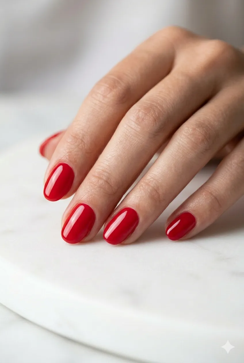 bold classic red gel nails vibrant glass-like ultra-gloss iconic 2026