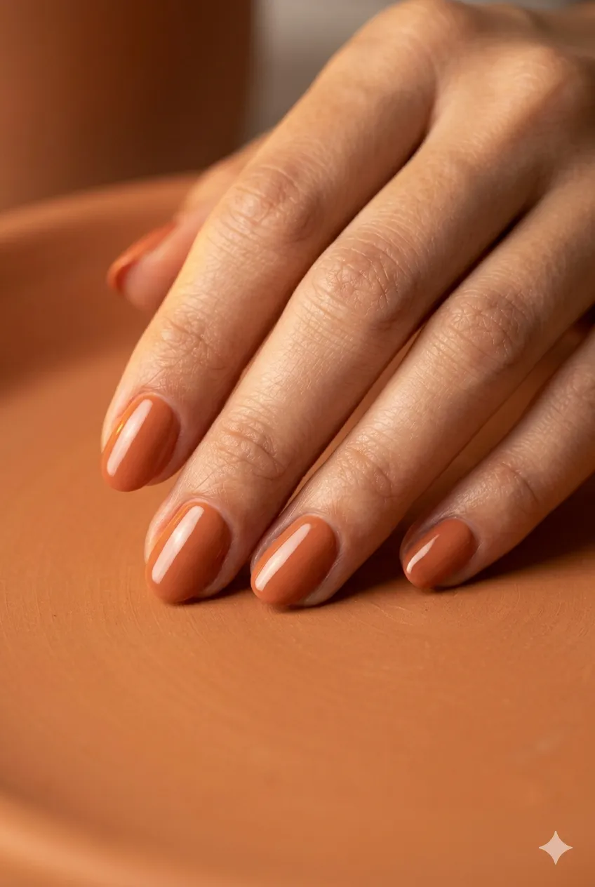 terracotta clay earthy gel nails warm orange-brown glossy wabi-sabi 2026