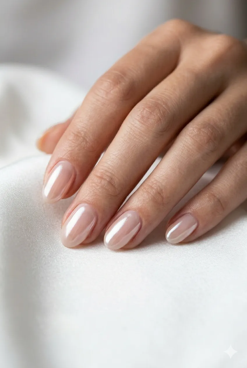 glazed donut gel nails chrome powder sheer nude glass reflection 2026