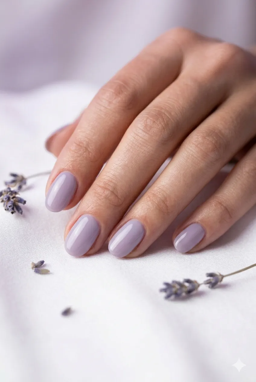 soft dusty lavender gel nails muted purple pastel glossy dreamy 2026