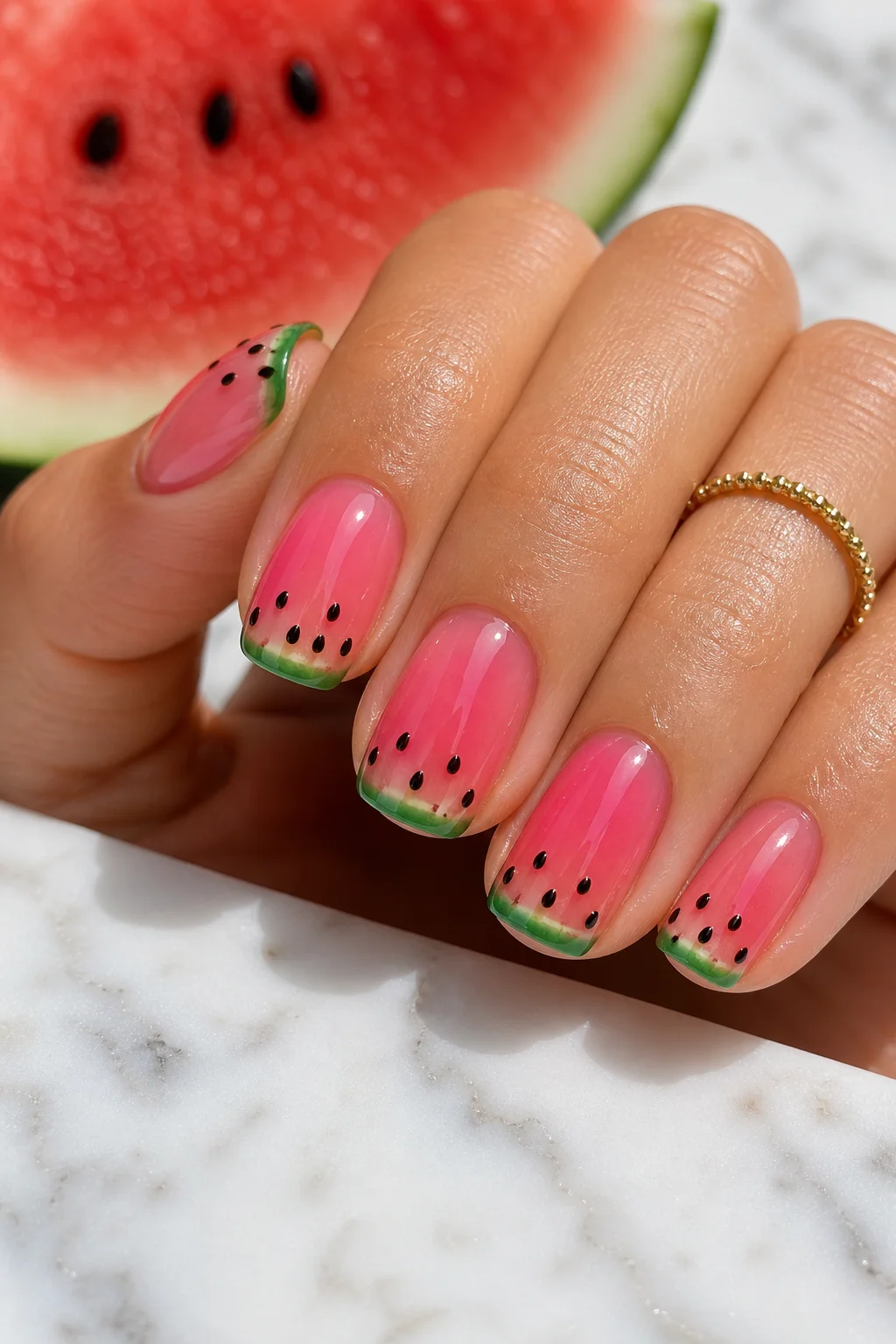 watermelon jelly nails – pink translucent jelly gel with green tips and black seed details on short squoval nails 2026
