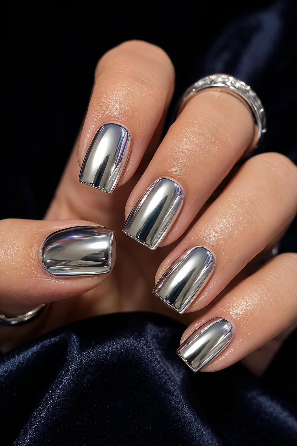 Y2K silver chrome nails full CD mirror liquid metal finish square or almond 2026