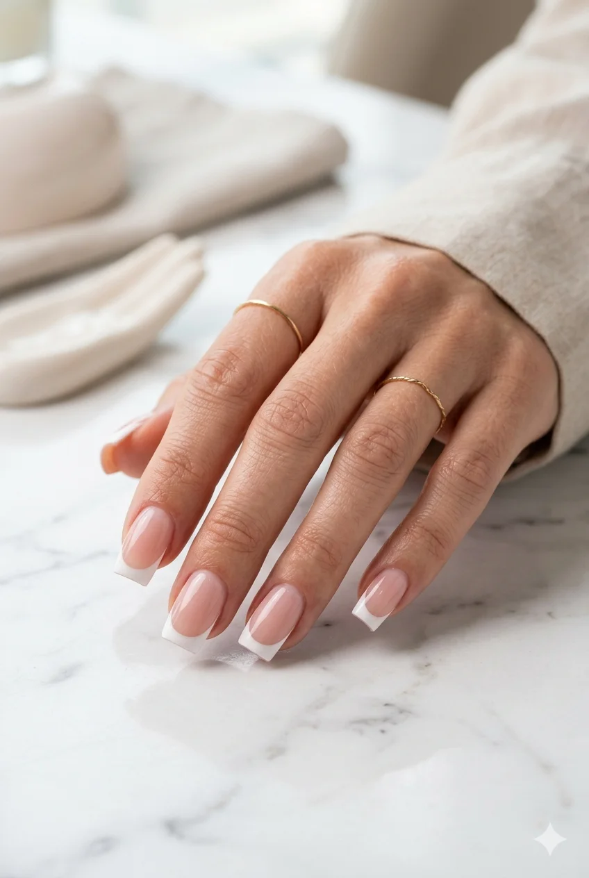 classic square French tip nails white tip sheer nude base flat free edge clean precision 2026