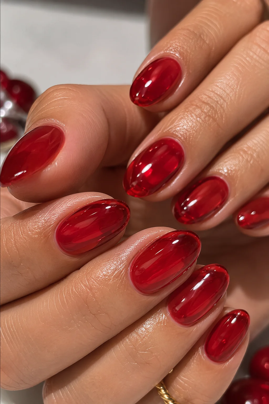 jelly red 4th of July nails semi-transparent cherry red gel stained-glass quality short almond patriotic 2026