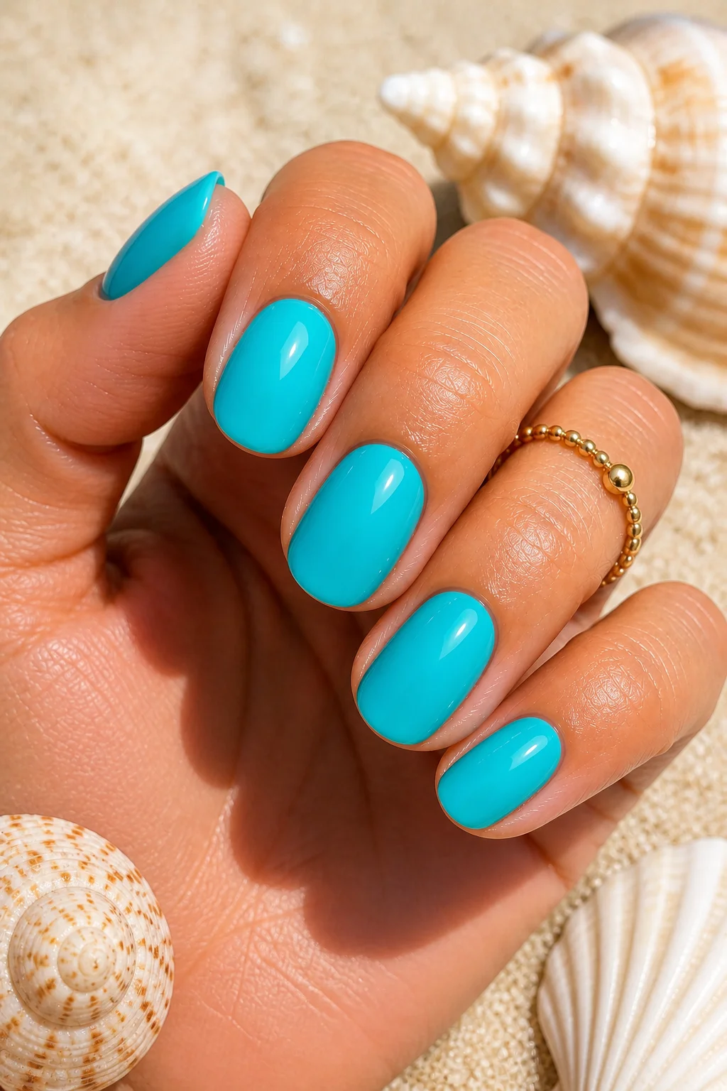 turquoise summer nails – vibrant aqua ocean blue glossy gel beach vacation short oval 2026