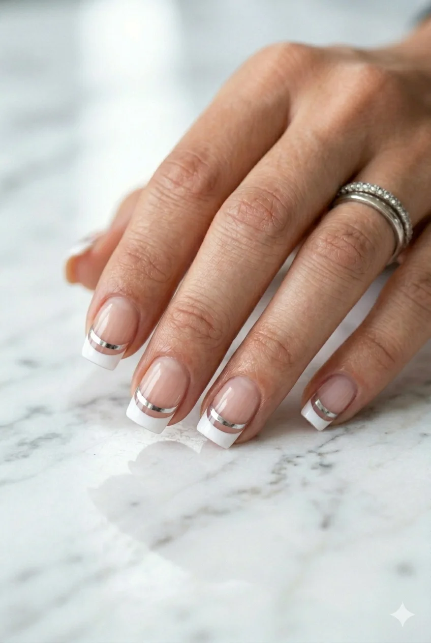 Y2K double line French nails two parallel stacked tip lines different colors gap between 2026