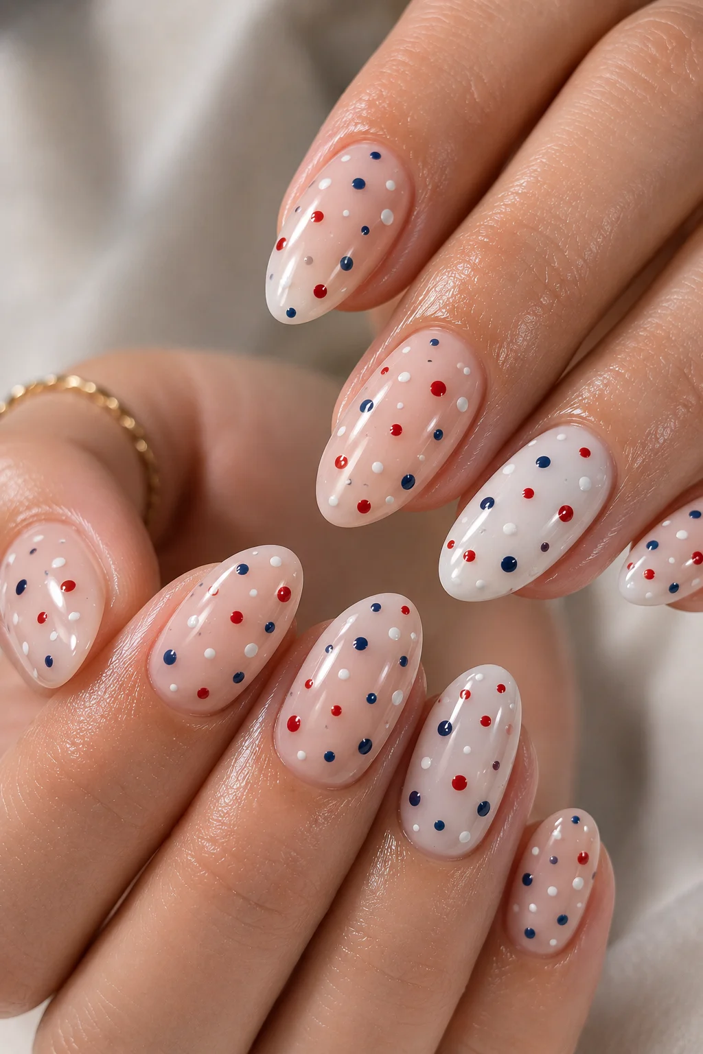 patriotic polka dot nails red white navy blue dots on white base confetti festive 4th of July 2026