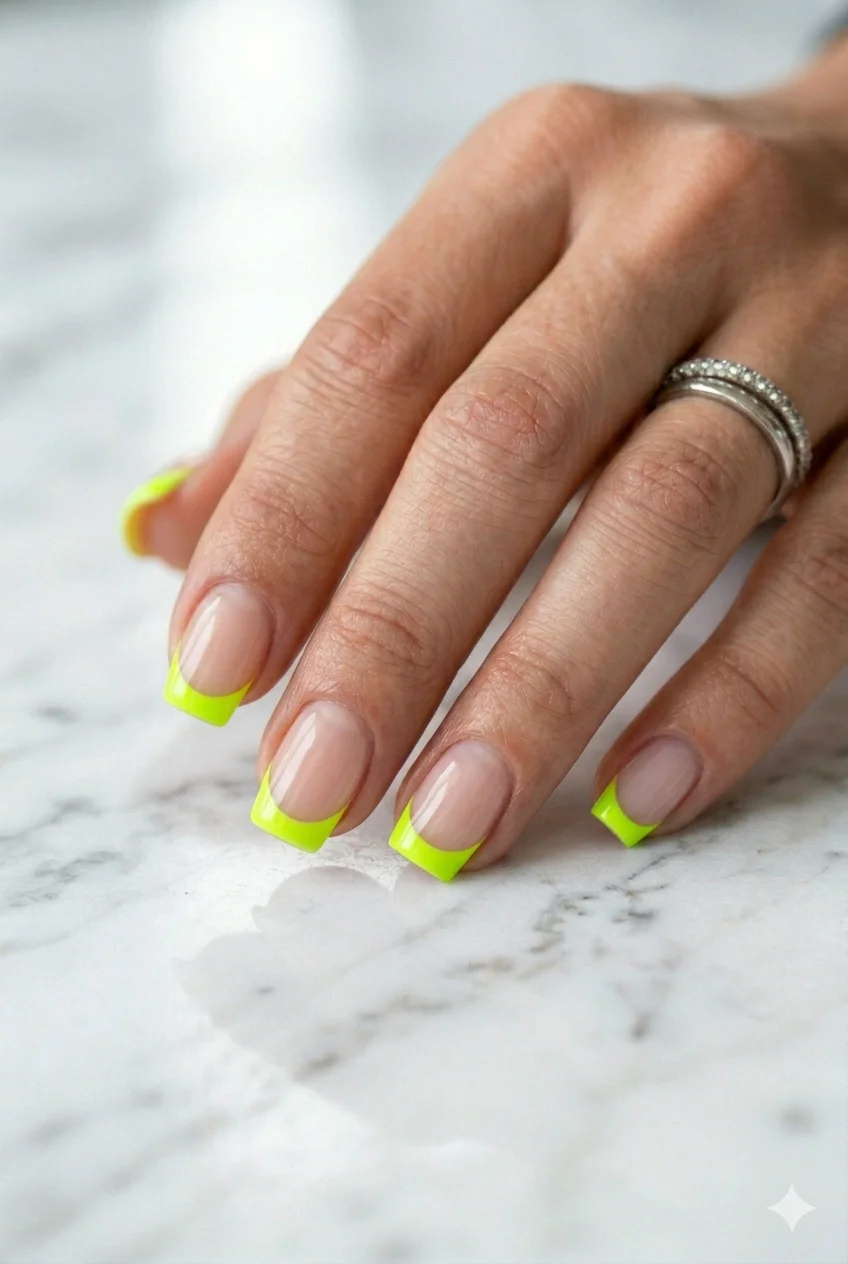 Y2K neon lime green French tips electric lime tip sheer base Y2K nail inspo 2026
