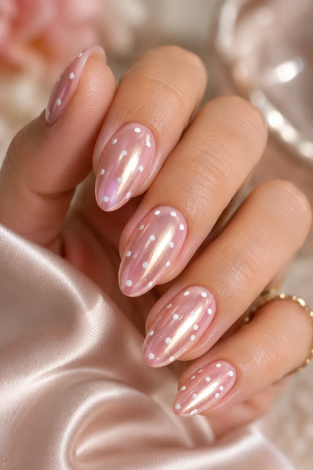 glazed donut polka dot nails sheer pink chrome glaze base with flat white dots on top 2026