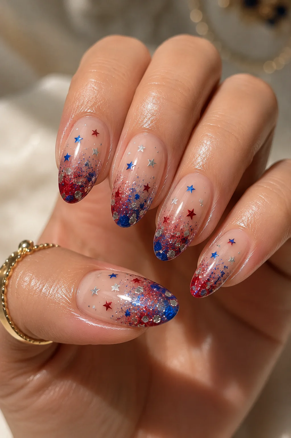 4th of July glitter nails red blue chrome glitter clear gel each nail different distribution patriotic sparkle 2026