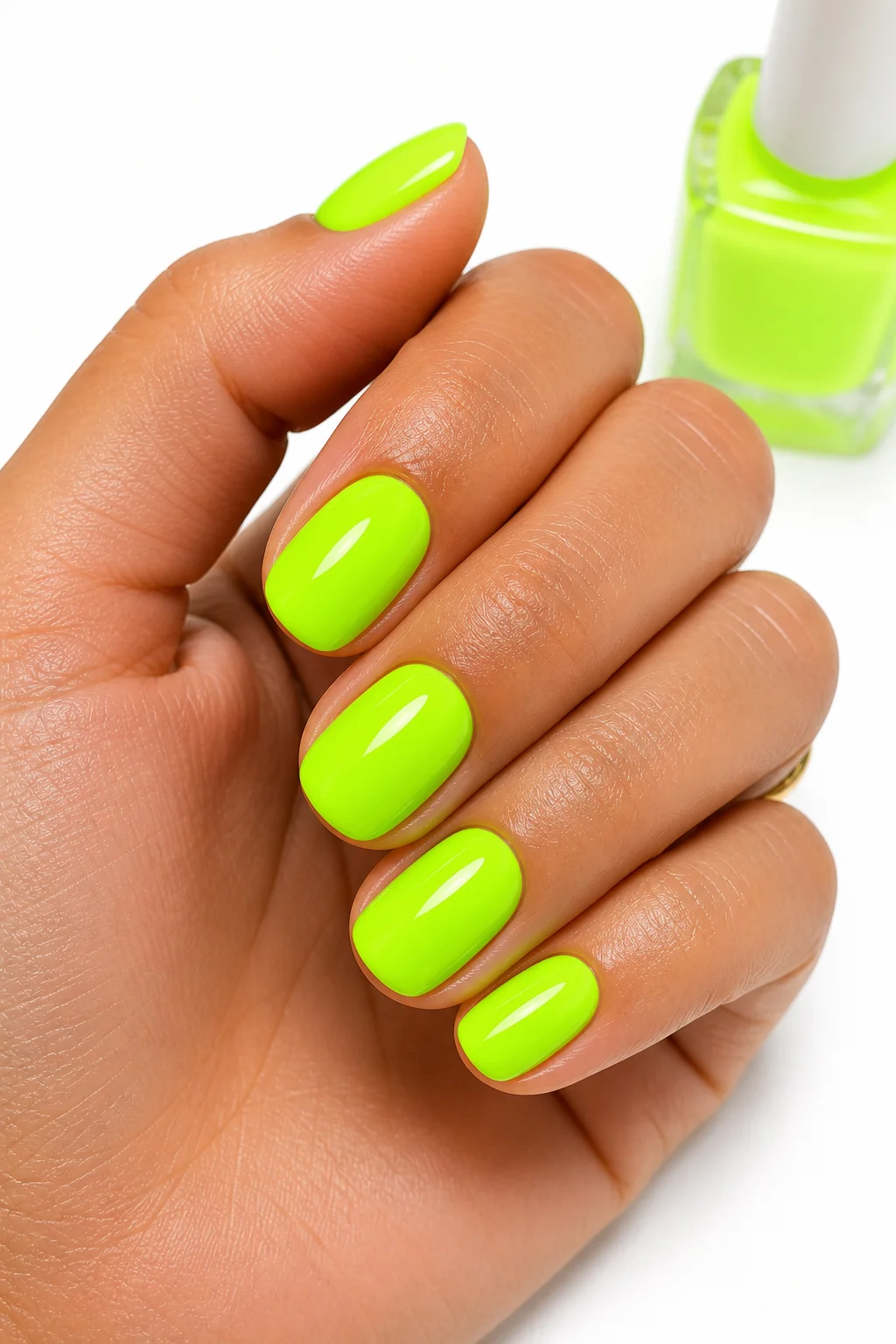 neon lime green summer nails – electric lime green gel over white base high-gloss short oval tropical 2026