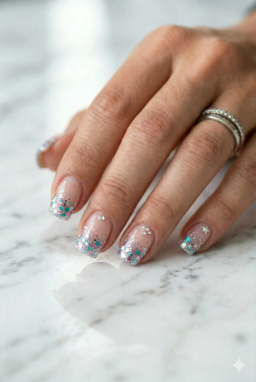 Y2K glitter French tips chunky glitter dense at tip fading inward sheer pink base 2026