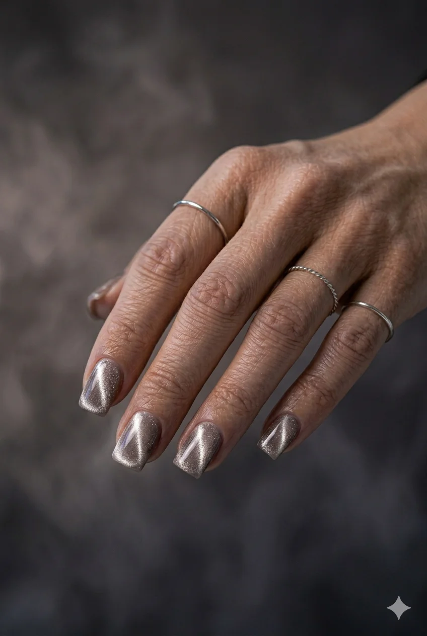 cat eye square nails soft taupe magnetic shimmer streak flat free edge 2026