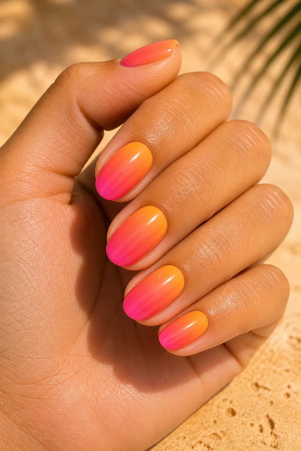 sunset ombre summer nails – orange coral fuchsia seamless gradient fades near cuticle short almond 2026