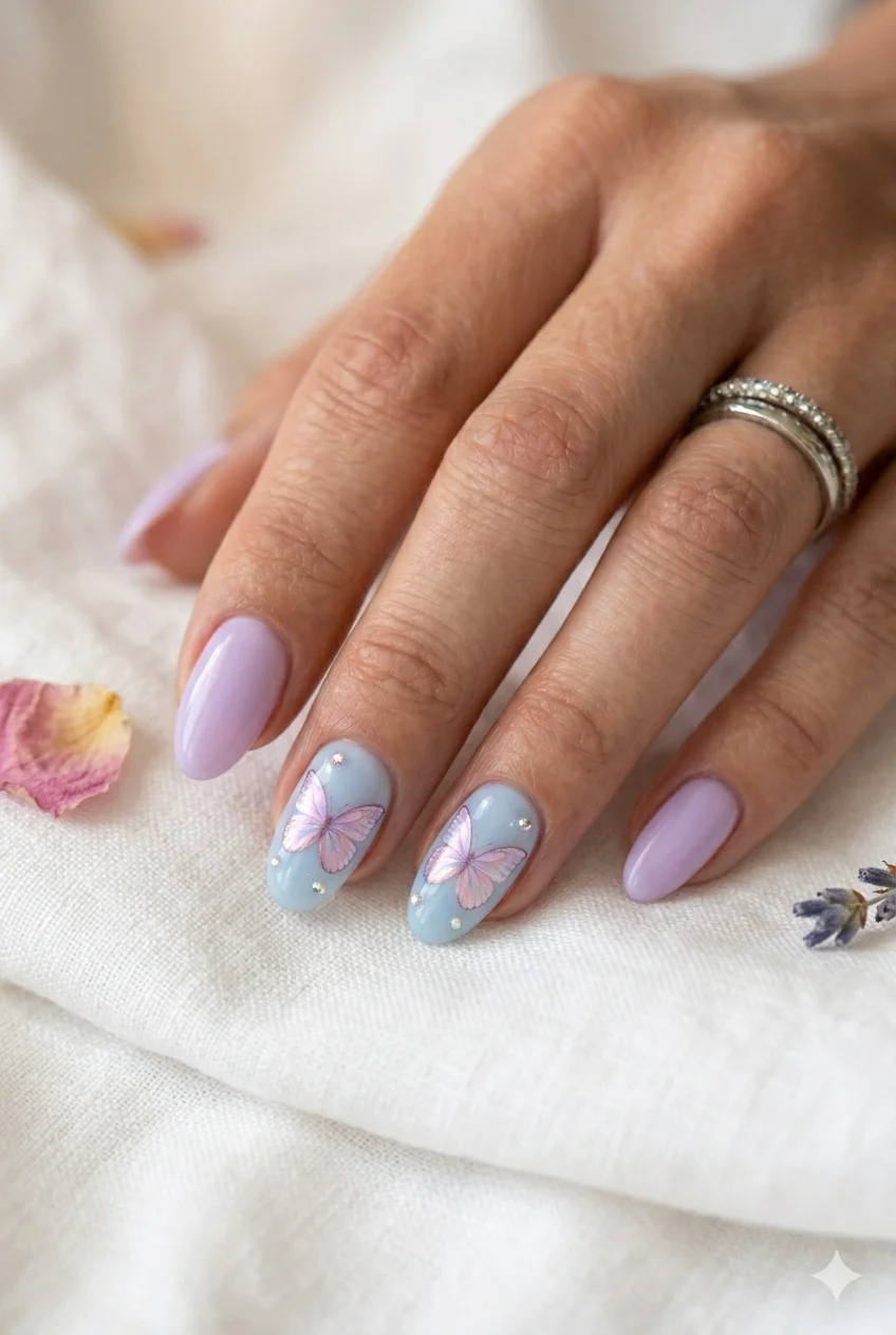 Y2K butterfly nail art iridescent butterfly wings lavender baby blue pastel base almond 2026