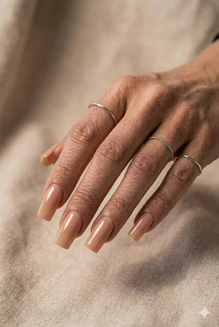 long square acrylic nails nude warm skin tone clean elongated square edge 2026