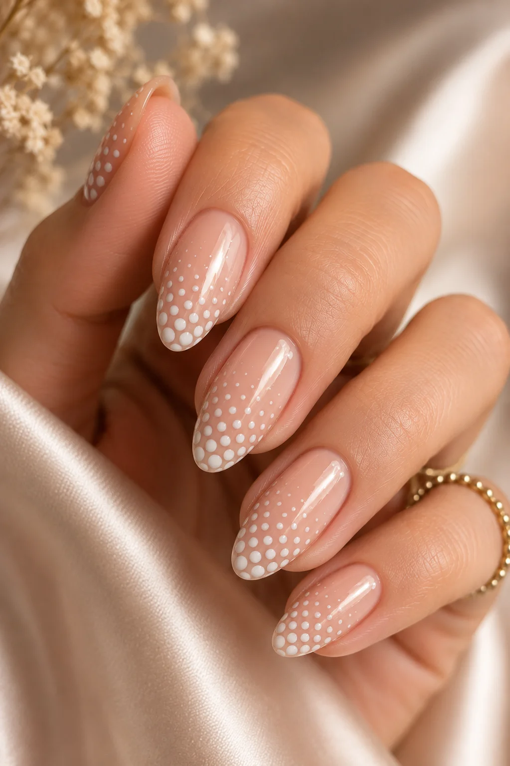 cat eye magnetic polka dot nails taupe or holographic cat eye base with white dots on sealed surface 2026