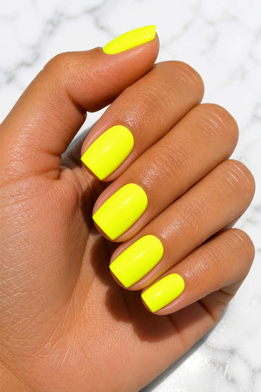 neon yellow summer nails – electric bright neon yellow gel over white base short square bold statement 2026
