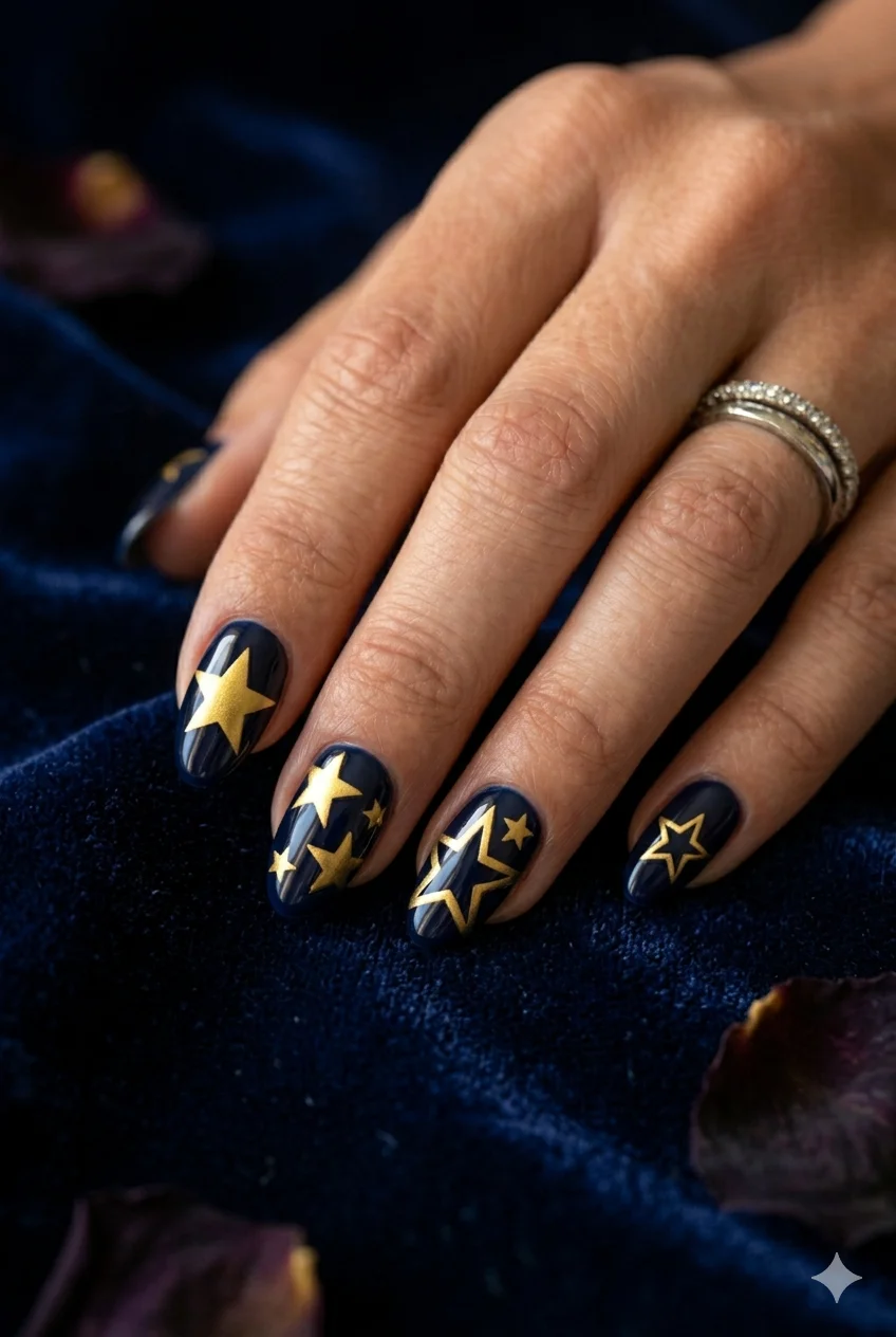 Y2K star nail art bold graphic gold stars dark navy base pop art celestial Y2K 2026