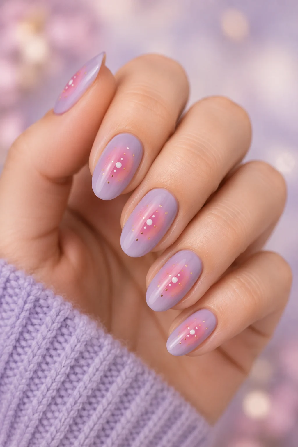 aura gradient polka dot nails lavender pink aura base white dots placed in lighter glowing center 2026