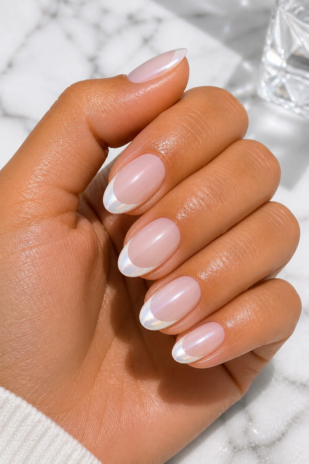 iced chrome French tip nails – milky white sheer base stark white French tip chrome powder icy glowing summer 2026