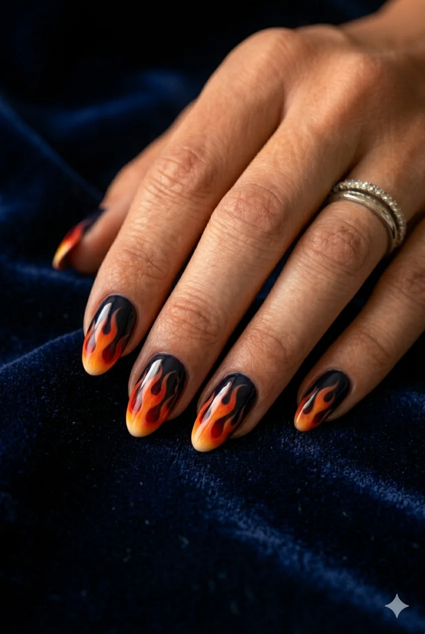 Y2K flame nail art red orange flames rising from nail edges black base Y2K design 2026