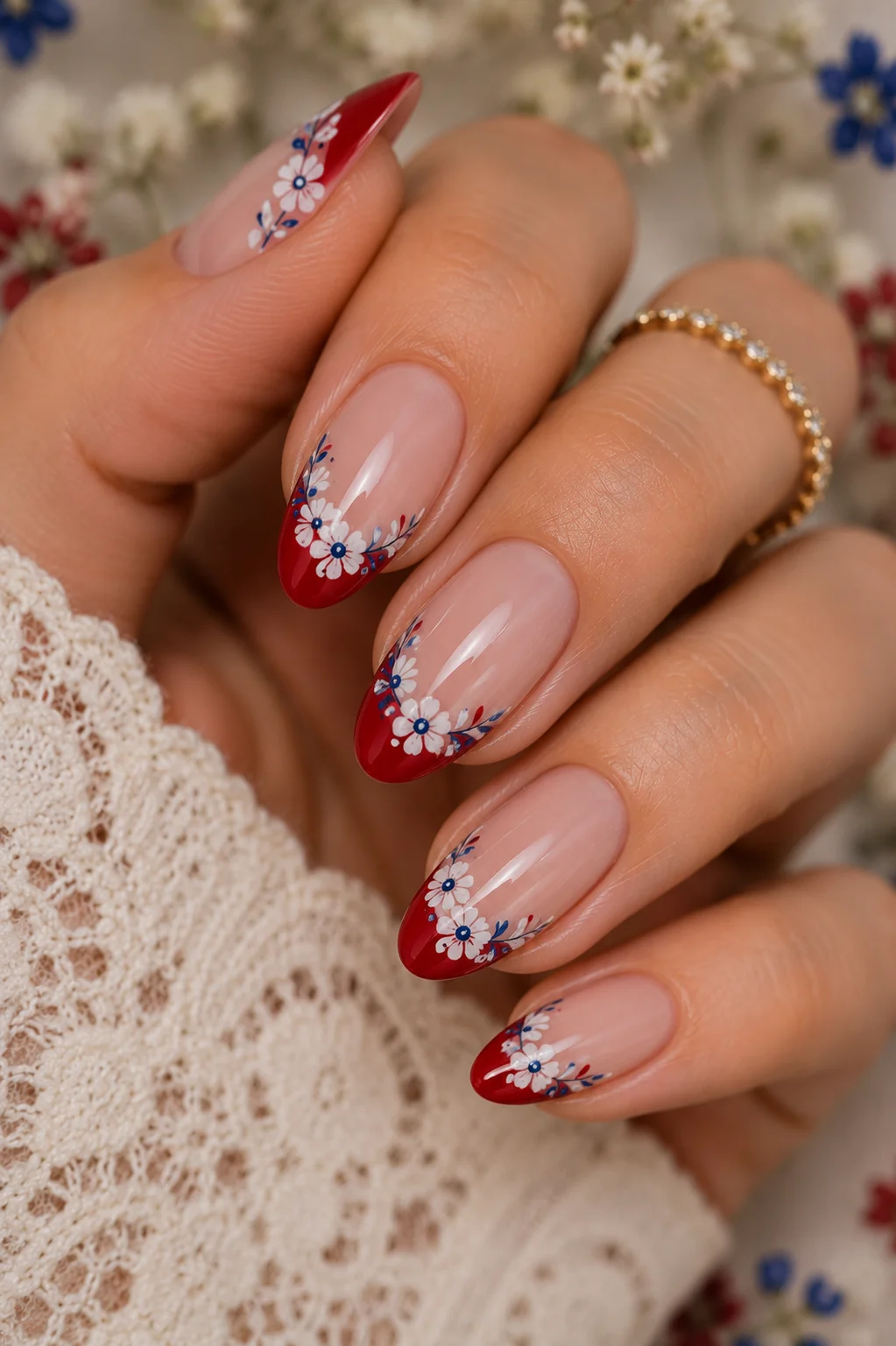 patriotic floral French tip nails red tips white florals blue centers cottagecore fourth of July 2026