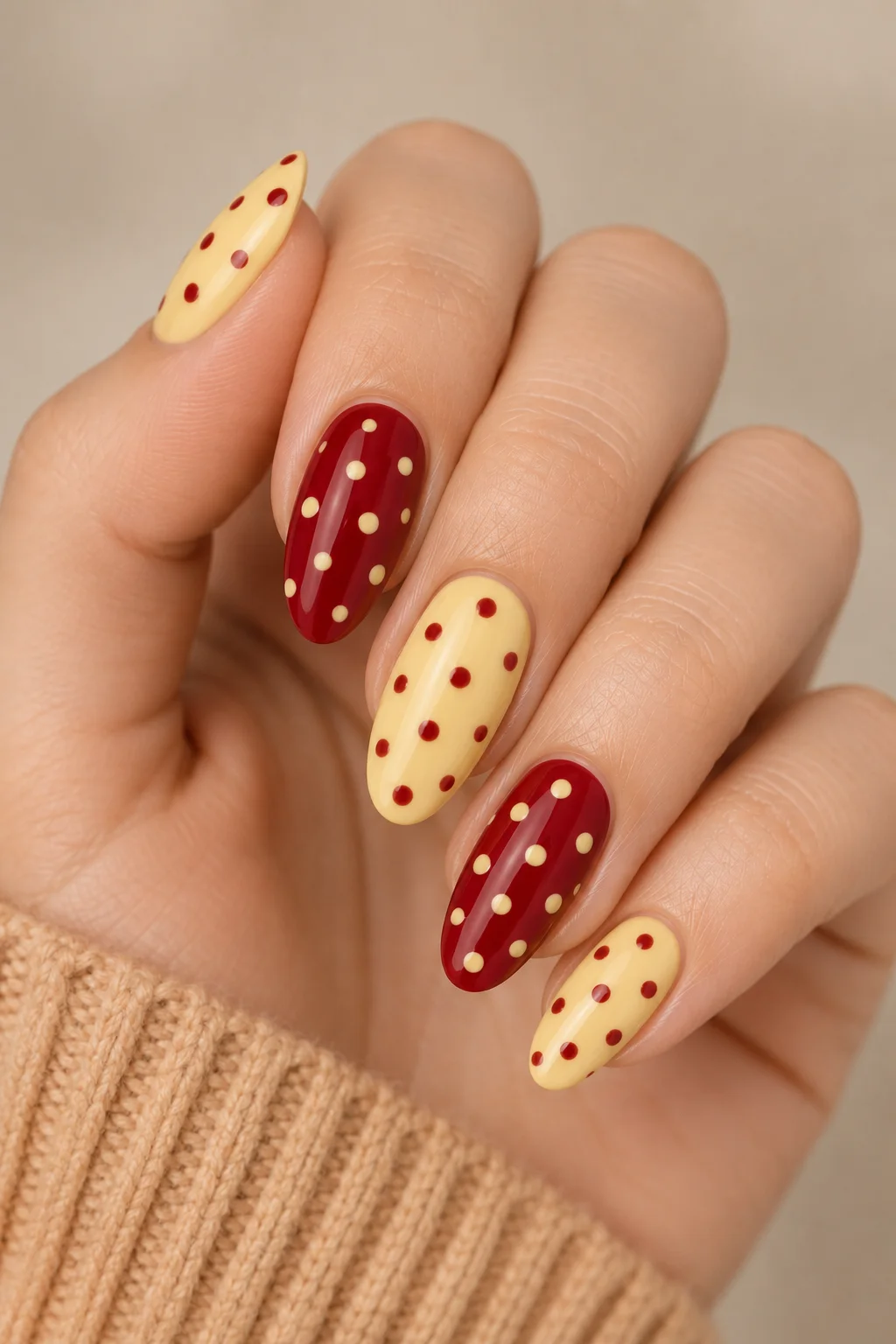 butter yellow and deep red polka dot nails reversed across set warm vibrant contrast 2026