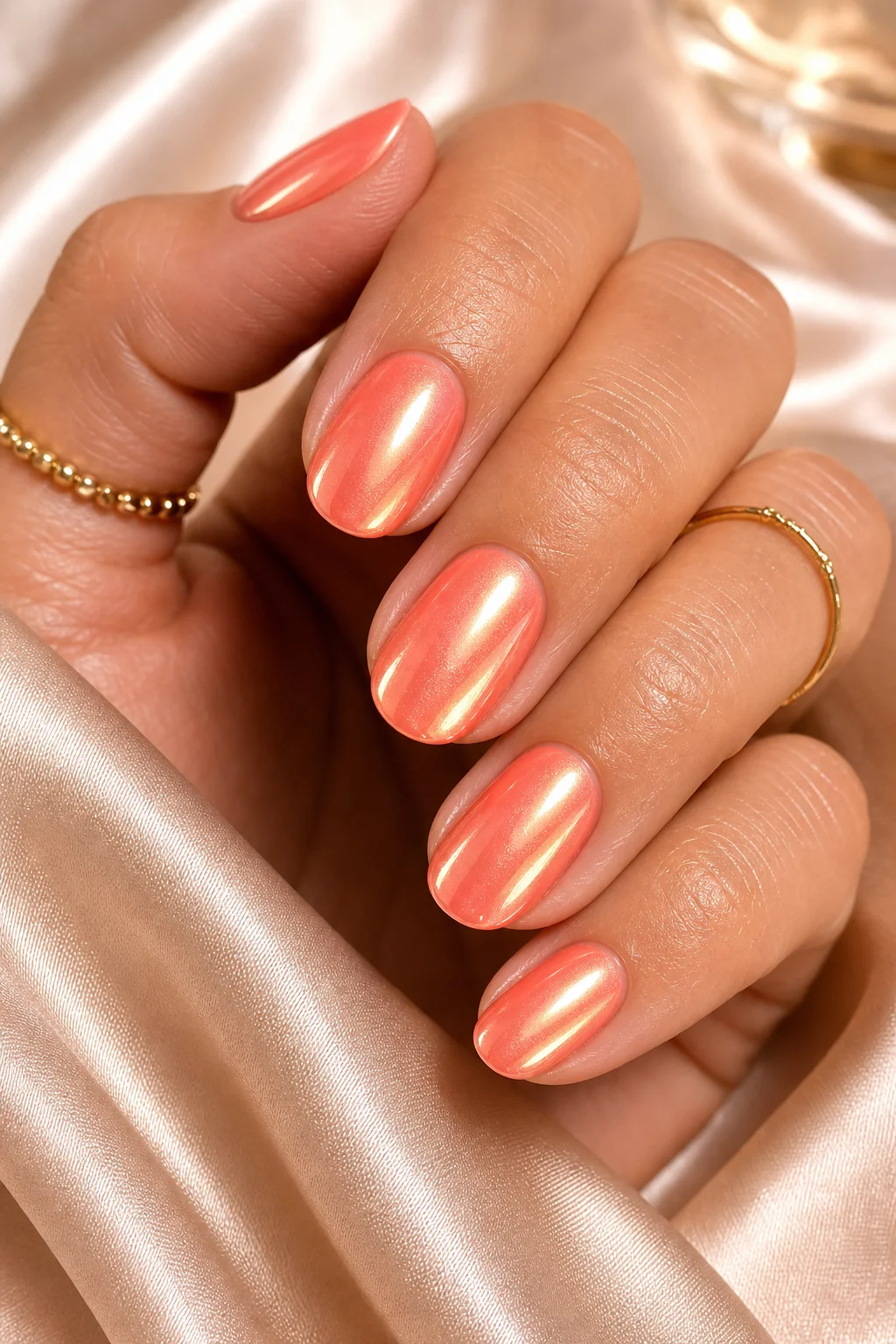 glazed coral summer nails – warm coral base with pearl chrome glaze wet ceramic sheen short oval 2026