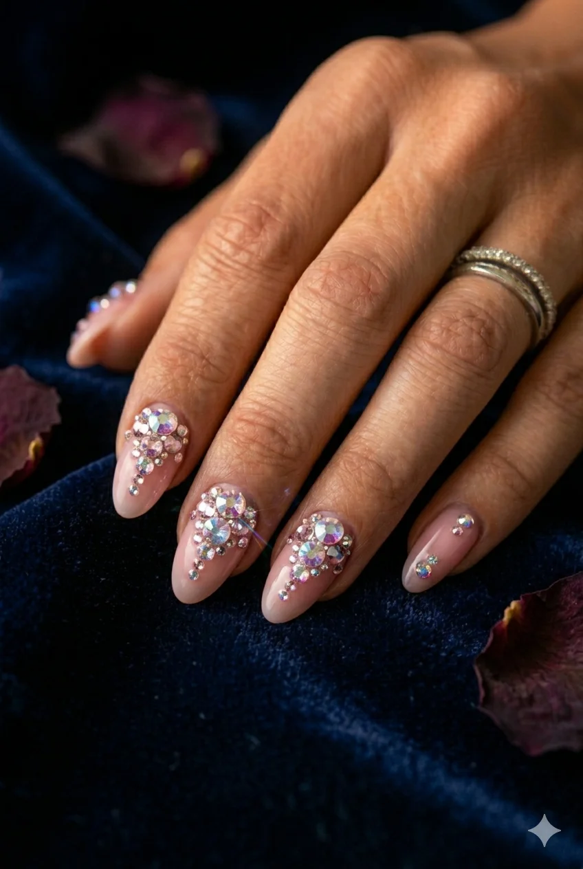 Y2K rhinestone gem nails mixed crystal rhinestones pink gel base bedazzled 2026