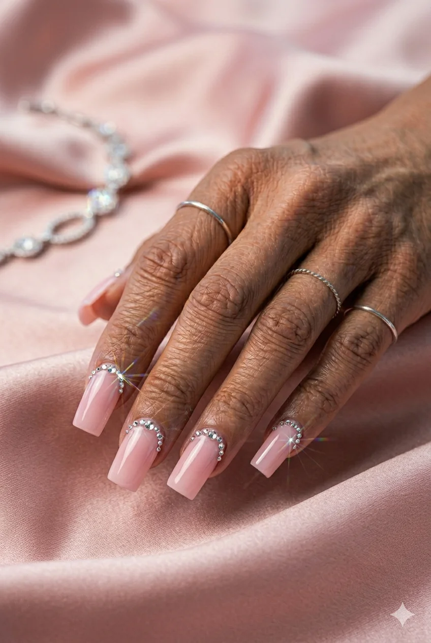square acrylic nails pink with crystal rhinestones cuticle line glamorous 2026