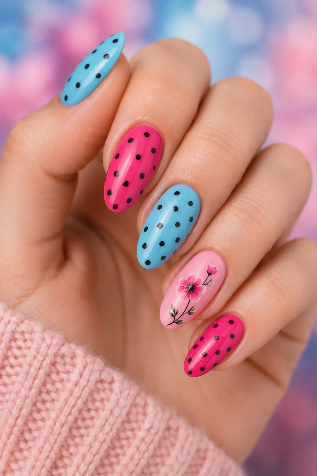 baby blue hot pink mixed polka dot nail set black dots on both optional blooming floral accent 2026