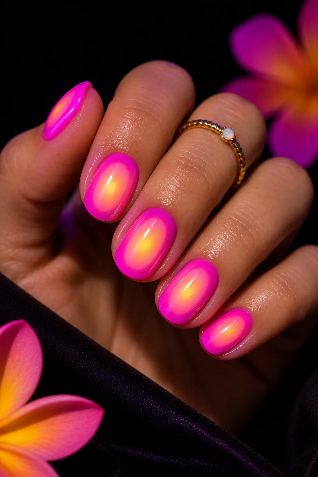 neon aura summer nails – purple or pink neon edges glowing lighter center lit-from-within gradient dark background 2026