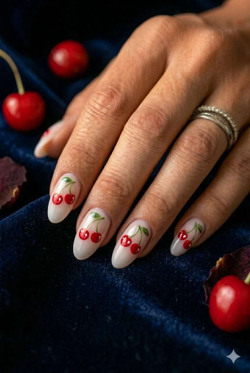 Y2K cherry nail art red cherries green stems milky white base retro cute 2026