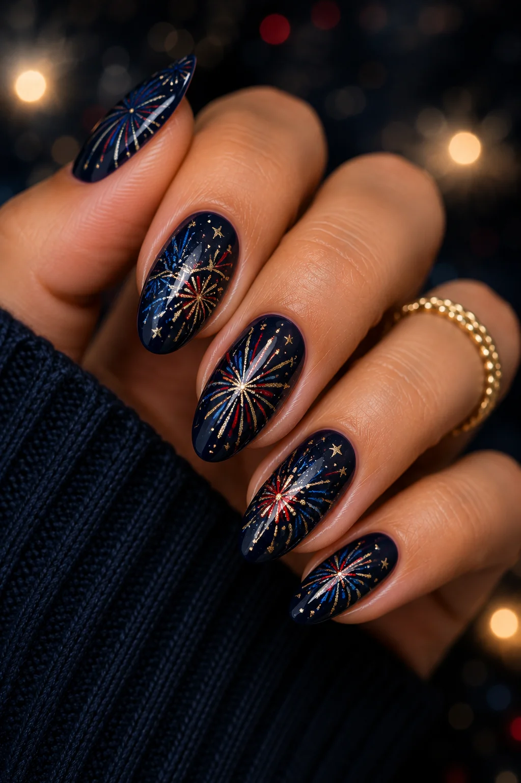 fireworks burst nail art gold red white radiating lines dark navy base accent nail 4th of July 2026