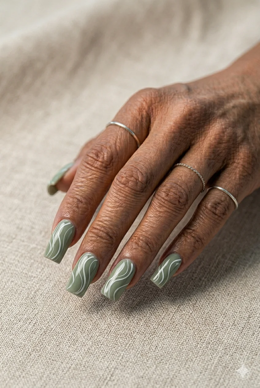 square acrylic nails sage green white swirl nail art vertical elongating 2026