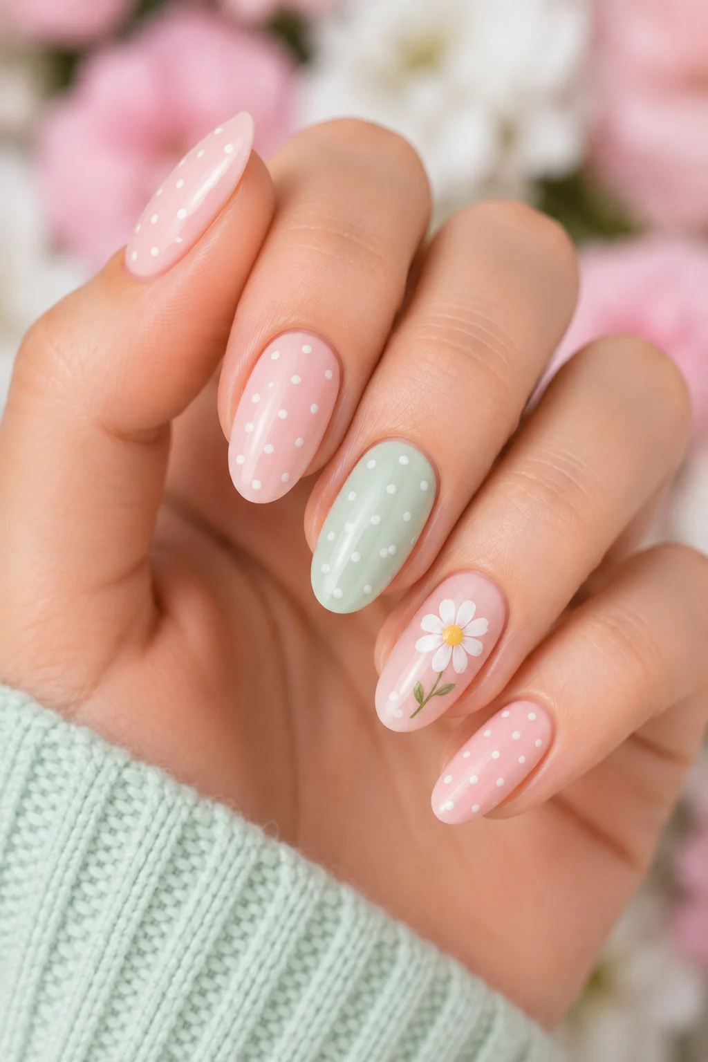 spring floral polka dot nails pastel base white micro dots one hand-painted daisy accent nail 2026