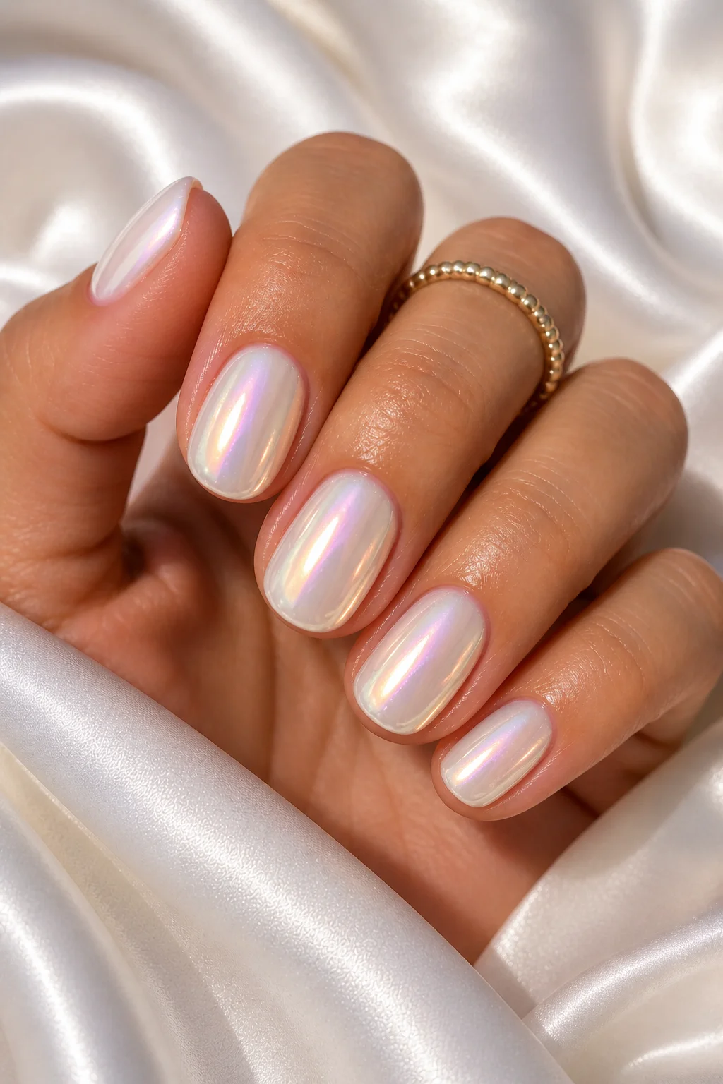 pearl chrome summer nails – soft iridescent opalescent shimmer shifts white pink gold diffused glow short oval 2026