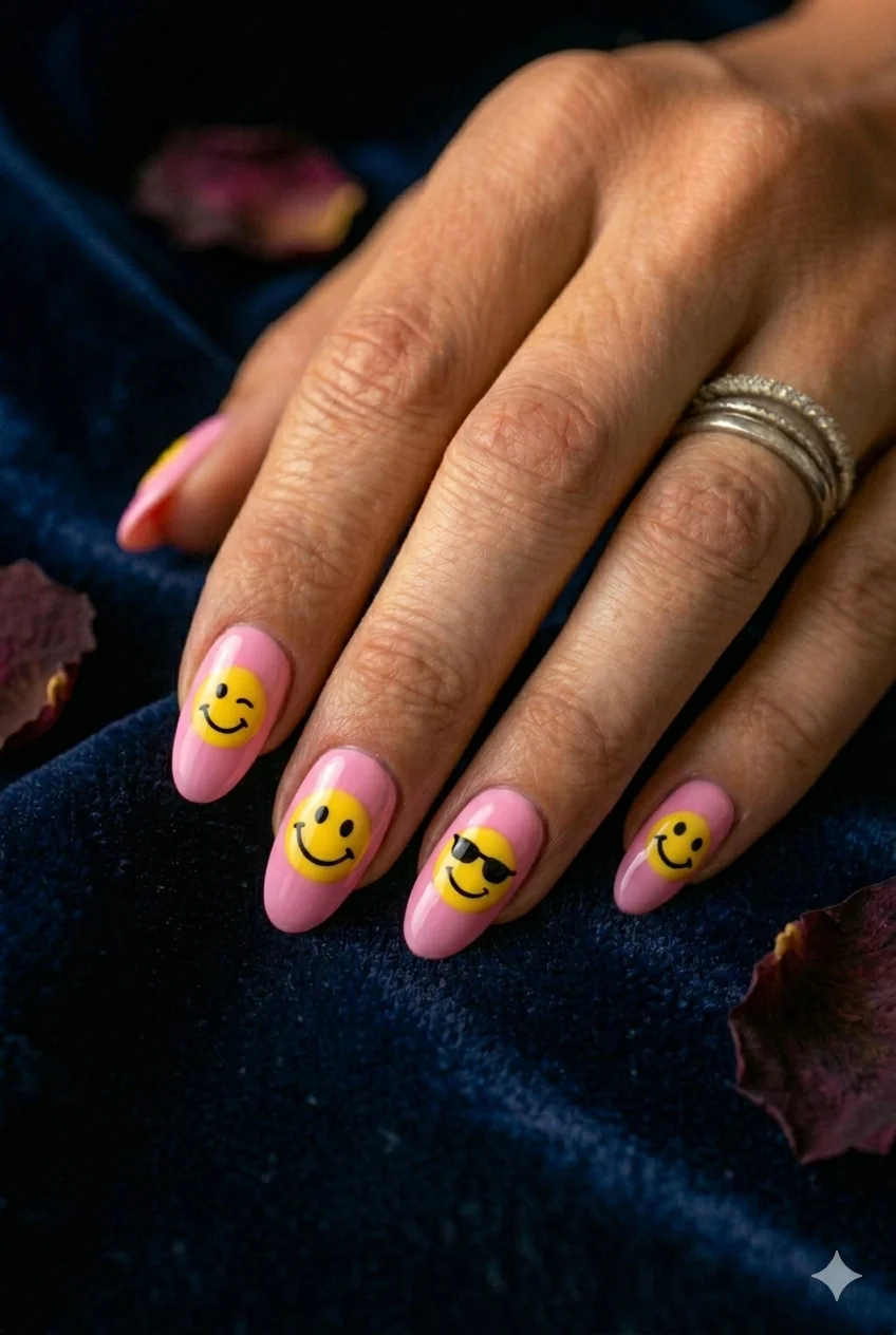 Y2K smiley face nails yellow smiley faces bubblegum pink base varied expressions 2026