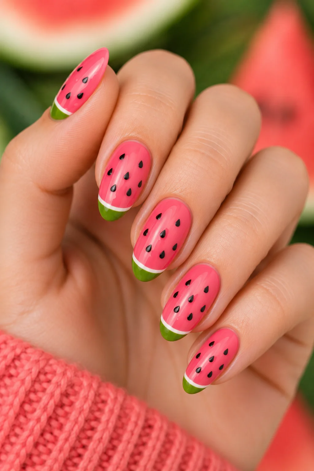 watermelon polka dot summer nails pink base thin green tips black seed dots fruit nail art 2026