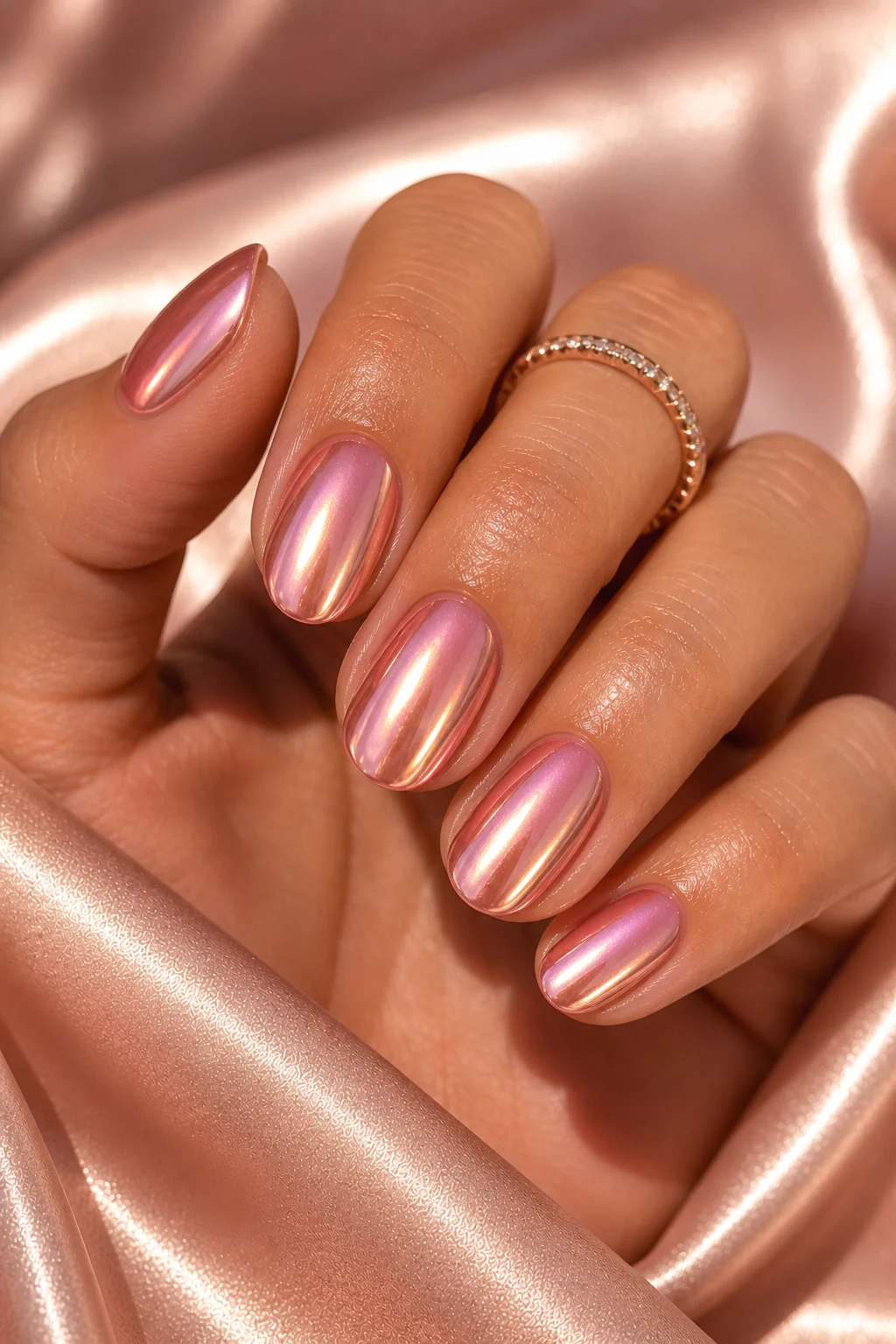 pink chrome summer nails – rose gold warm pink-gold metallic chrome sheer pink gel base short almond 2026