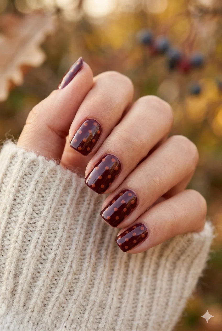 autumn berry polka dot nails deep burgundy with rust terracotta dots warm fall earthy 2026