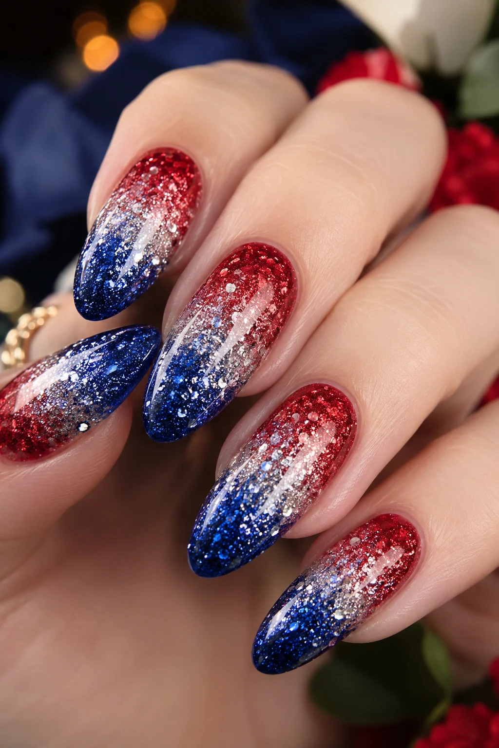 patriotic glitter ombre nails red to white to navy glitter gradient all five nails festive 4th of July 2026
