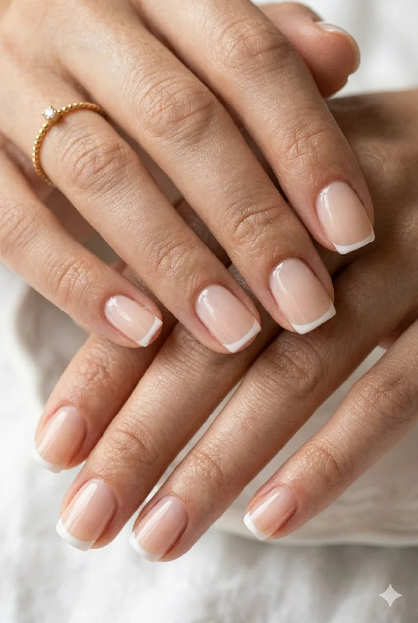 short square French tip nails micro thin line sheer base elongating short nails 2026