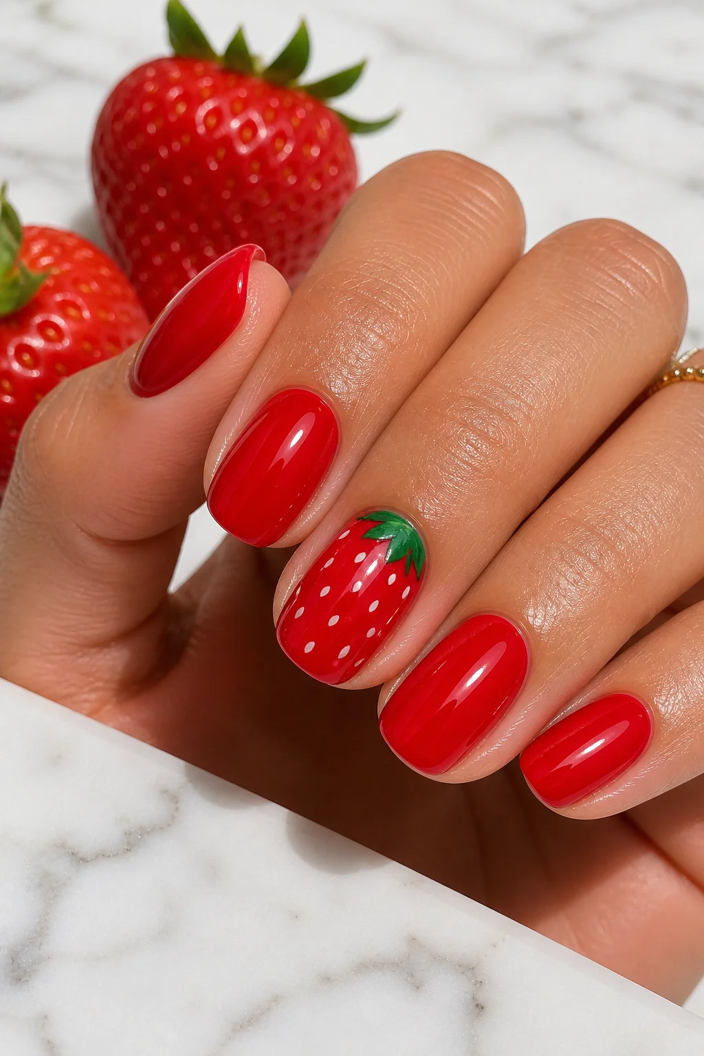 strawberry summer nails – vibrant red gel base with hand-painted strawberry accent nail short oval summer 2026