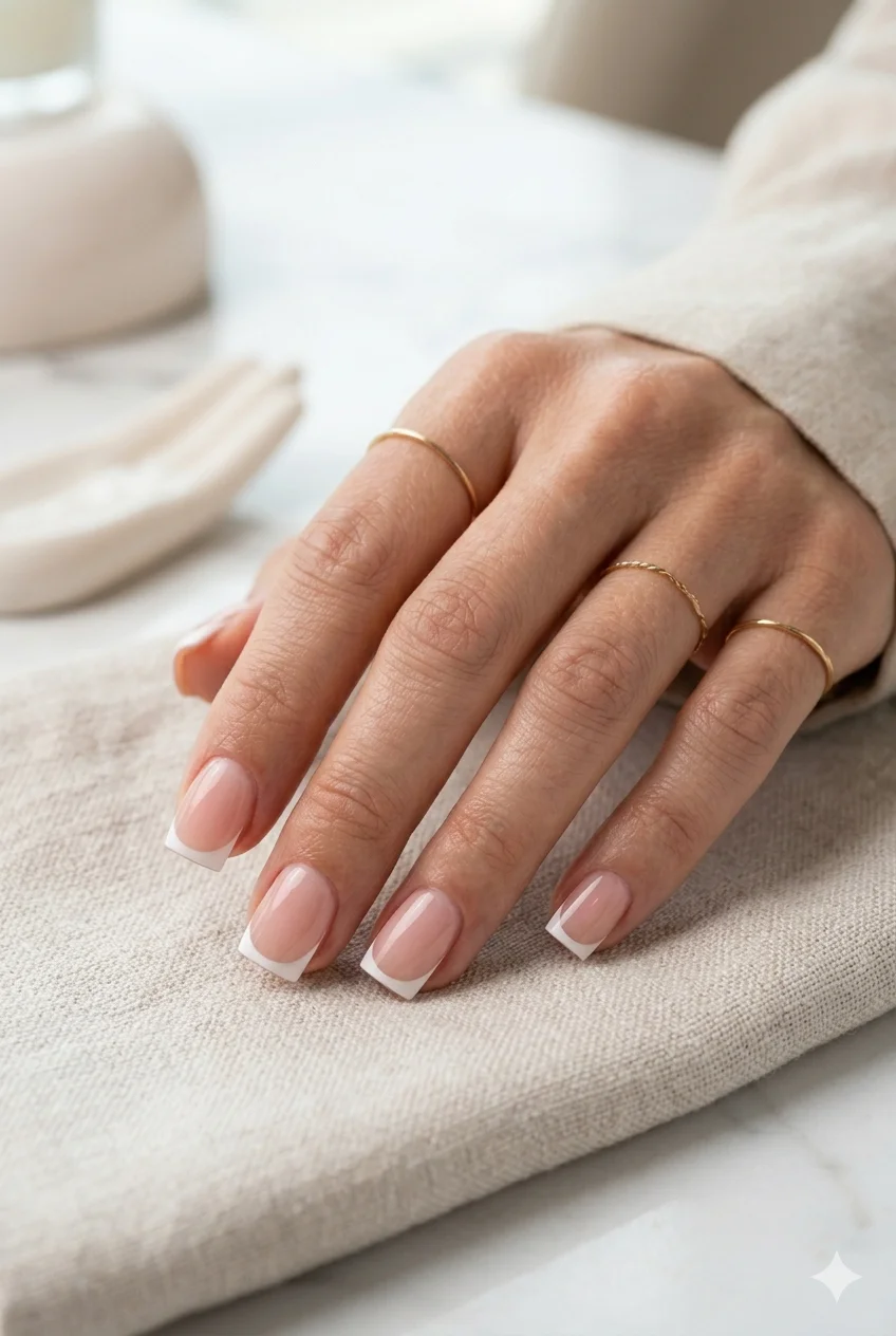 micro French tip square nails ultra thin white line sheer base quiet luxury 2026