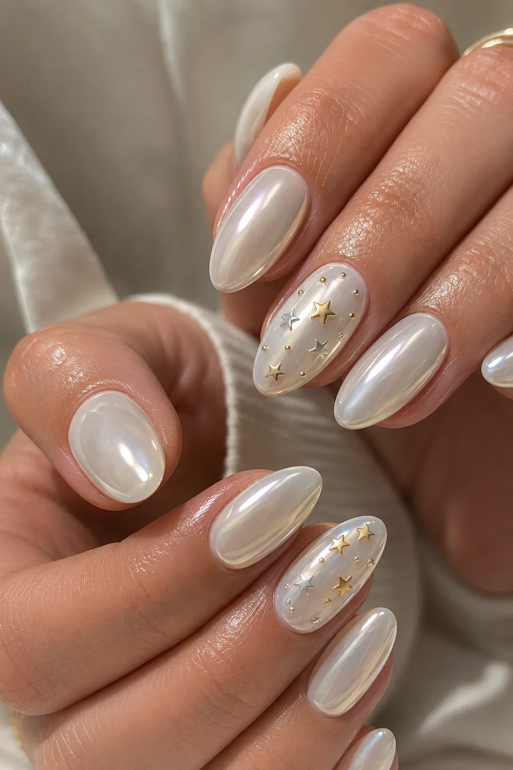 white chrome patriotic nails iced milky white chrome base tiny gold star accents elegant fourth of July 2026