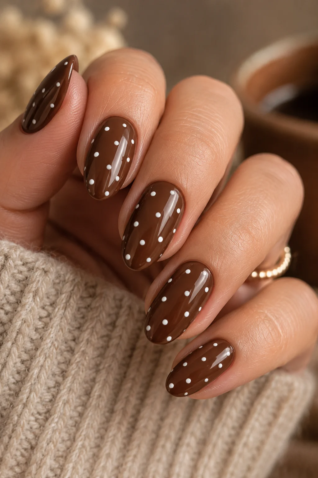 white polka dots on chocolate brown mocha nails warm contrast quiet luxury editorial 2026