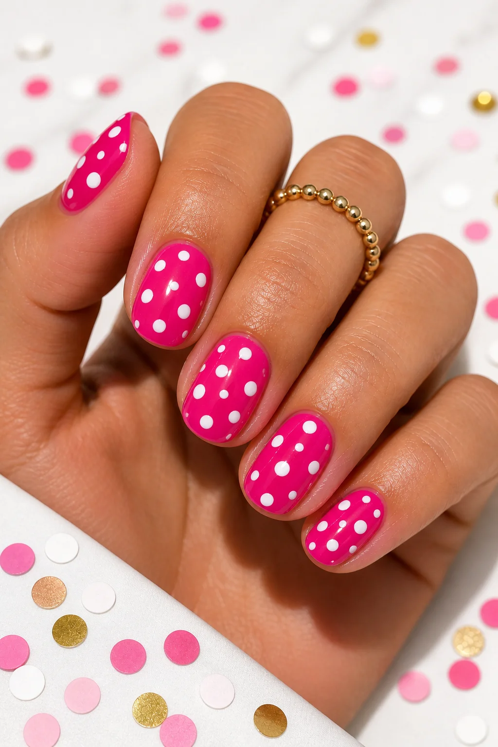 polka dot summer nails – hot pink gel base white dots varying sizes retro playful short oval 2026